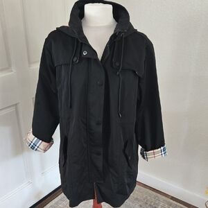 Women's Black Hooded Trench Coat with Plaid Lining Detail